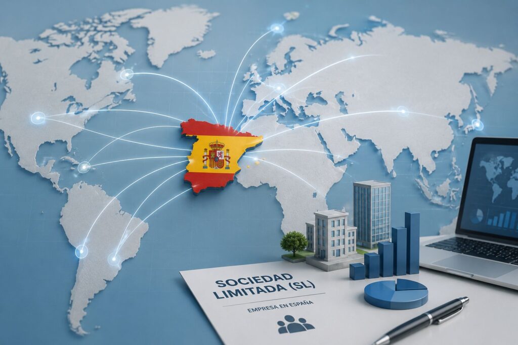 Mapa conceptual del mundo con España destacada como centro de conexiones internacionales, simbolizando la creación de empresas y la inversión extranjera en una sociedad limitada en España.