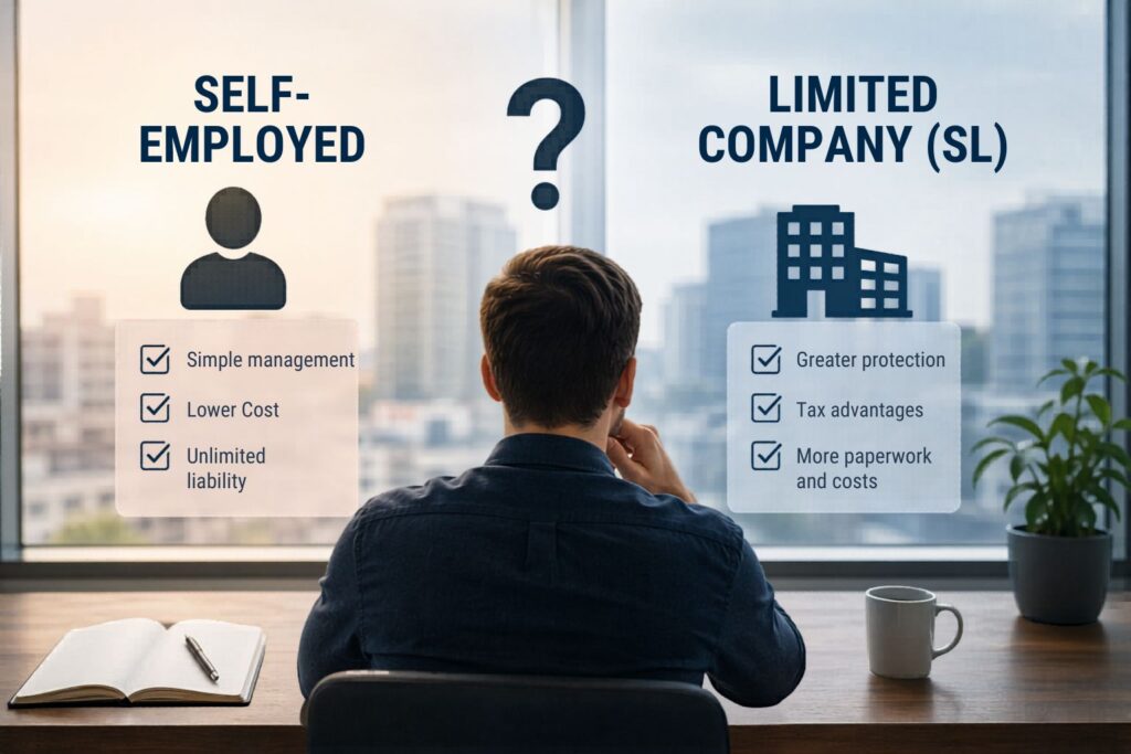 Main differences between self-employed and limited company in Spain: liability, taxation, costs, and administrative procedures compared side by side.