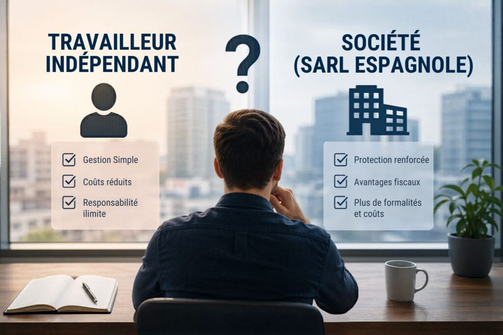 Comparaison société SL (équivalent SARL) et travailleur indépendant en Espagne : coûts, responsabilité, fiscalité et gestion