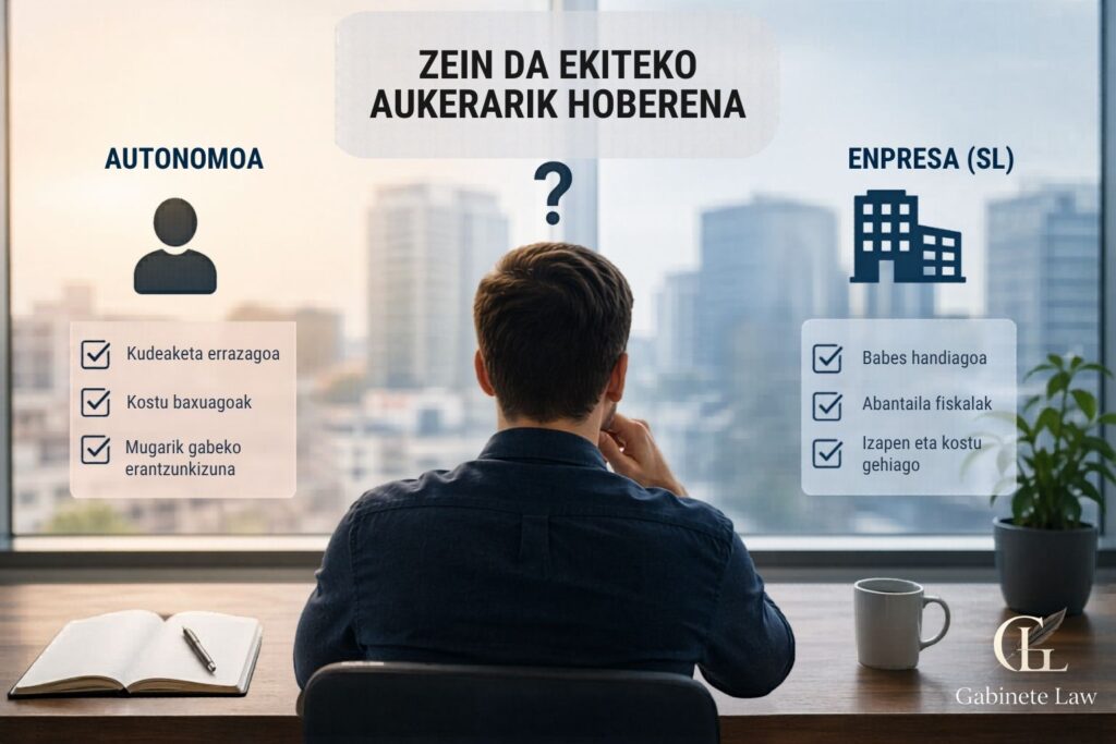 Konparazio-taula autonomoaren eta sozietate mugatuaren (SL) artean. Autonomoaren aldean: kudeaketa errazagoa, kostu baxuagoak, baina mugarik gabeko erantzukizuna. Enpresaren (SL) aldean: babes handiagoa, abantaila fiskalak, baina izapide eta kostu gehiago.