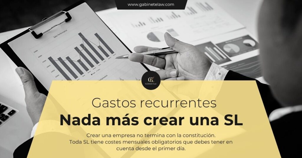 Infografía sobre los gastos recurrentes de una Sociedad Limitada en España, incluyendo gestoría, Seguridad Social y costes mensuales obligatorios tras crear una empresa.
